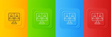 Beyaz Görüntü sohbet konferansı simgesi renkli arkaplanda izole edildi. Ekranda görüntülü sohbet arayüzü olan bilgisayar. Kare düğmelere simgeleri yerleştir. Vektör.