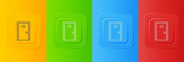 Beyaz Otel koridoru kapalı kapı simgesi renkli arka planda izole edilmiş. Kare düğmelere simgeleri yerleştir. Vektör.