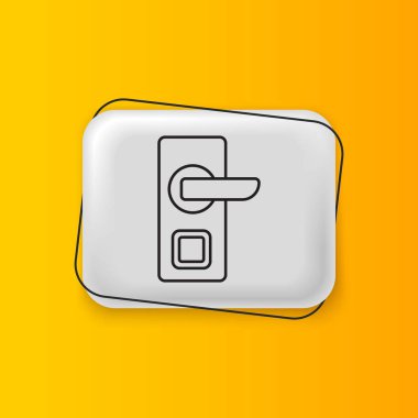 Sarı arka planda izole edilmiş ikonu açmak için kablosuz teknolojiye sahip siyah dijital kapı kilidi. Kapı kolu tabelası. Güvenlik akıllı ev. Gümüş dikdörtgen düğme. Vektör.