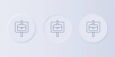 Gri arka planda izole edilmiş evrak çantası ikonu olan gri büyüteç. İş arıyorum. İş arama konsepti. İşsizlik, kelle avcılığı, kariyer. Kare düğmelere simgeleri yerleştir. Vektör.