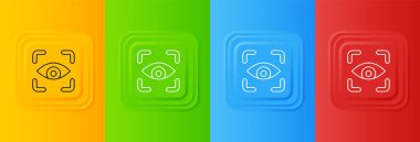 Beyaz Göz tarama simgesi renkli arkaplanda izole edildi. Göz taraması yapılıyor. Güvenlik kontrol sembolü. Siber göz işareti. Kare düğmelere simgeleri yerleştir. Vektör.