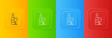 Renkli arka planda izole edilmiş cam ikonlu beyaz şarap şişesi. Kare düğmelere simgeleri yerleştir. Vektör.