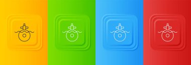 Beyaz Denizaltı simgesi renkli arkaplanda izole edilmiş. Askeri gemi. Kare düğmelere simgeleri yerleştir. Vektör.