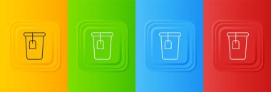 Beyaz Kupa, renkli arka planda izole edilmiş çay poşeti ikonu. Kare düğmelere simgeleri yerleştir. Vektör.