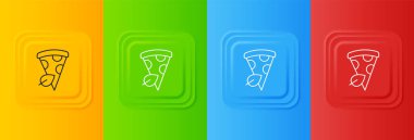 Renkli arka planda beyaz vejetaryen pizza dilimi ikonu. Kare düğmelere simgeleri yerleştir. Vektör.