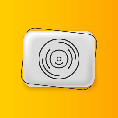 Sarı arkaplanda siyah vinil disk simgesi izole edildi. Gümüş dikdörtgen düğme. Vektör.