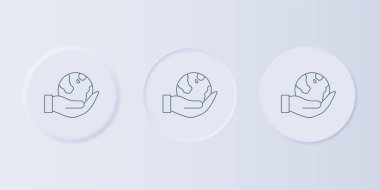 Gri arkaplanda Dünya 'nın simgesini tutan gri insan eli. Dünya kavramını sakla. Kare düğmelere simgeleri yerleştir. Vektör.