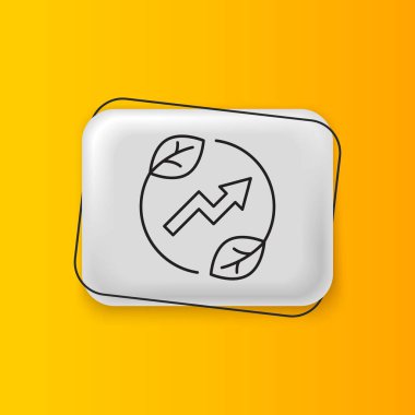 Yaprak simgesindeki siyah elektrik kayıt prizi sarı arkaplanda izole edildi. Elektrik tasarrufu. Çevresel koruma. Biyolojik enerji. Gümüş dikdörtgen düğme. Vektör.