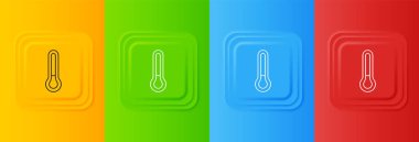 Beyaz Meteoroloji termometresi renkli arkaplanda izole edilmiş ikonu ölçüyor. Termometre termometresi sıcak ya da soğuk hava gösteriyor. Kare düğmelere simgeleri yerleştir. Vektör.
