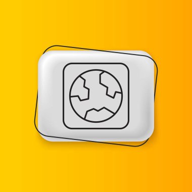 Sarı arka planda izole edilmiş Kara Dünya ikonu. Dünya ya da Dünya işareti. Küresel internet sembolü. Geometrik şekiller. Gümüş dikdörtgen düğme. Vektör.