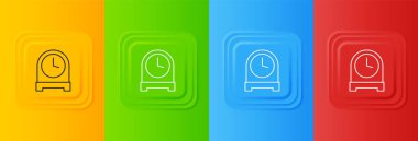 Renkli arka planda beyaz antika saat simgesi izole edildi. Kare düğmelere simgeleri yerleştir. Vektör.