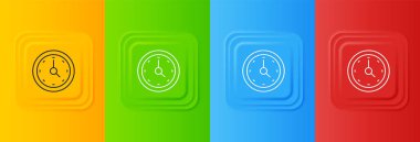 Renkli arkaplanda beyaz saat simgesi izole edildi. Zaman sembolü. Kare düğmelere simgeleri yerleştir. Vektör.