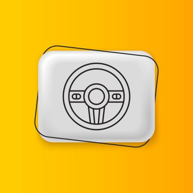 Sarı arka planda siyah direksiyon simgesi izole edildi. Araba tekeri ikonu. Gümüş dikdörtgen düğme. Vektör.