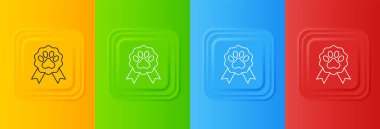 Beyaz Hayvan ödüllü sembol renkli arkaplanda izole edilmiş. Köpek ya da kedi pençesi izi ve kurdeleli rozet. Hayvan için madalya. Kare düğmelere simgeleri yerleştir. Vektör.