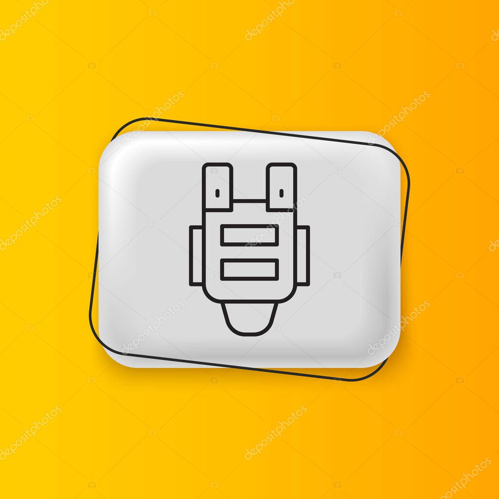 Black Bulletproof vest for protection from bullets icon isolated on yellow background. Body armor sign. Military clothing. Silver rectangle button. Vector.