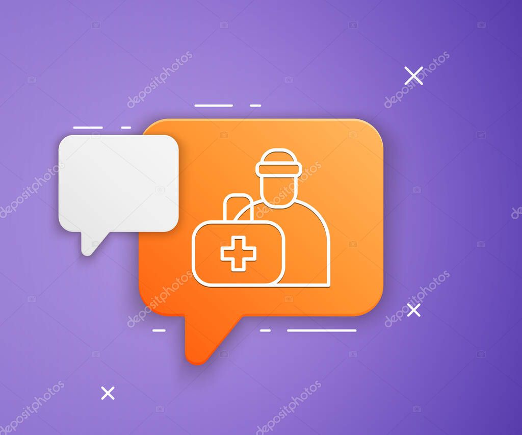 White First aid kit icon isolated on purple background. Medical box with cross. Medical equipment for emergency. Healthcare concept. Orange speech bubble symbol. Vector.
