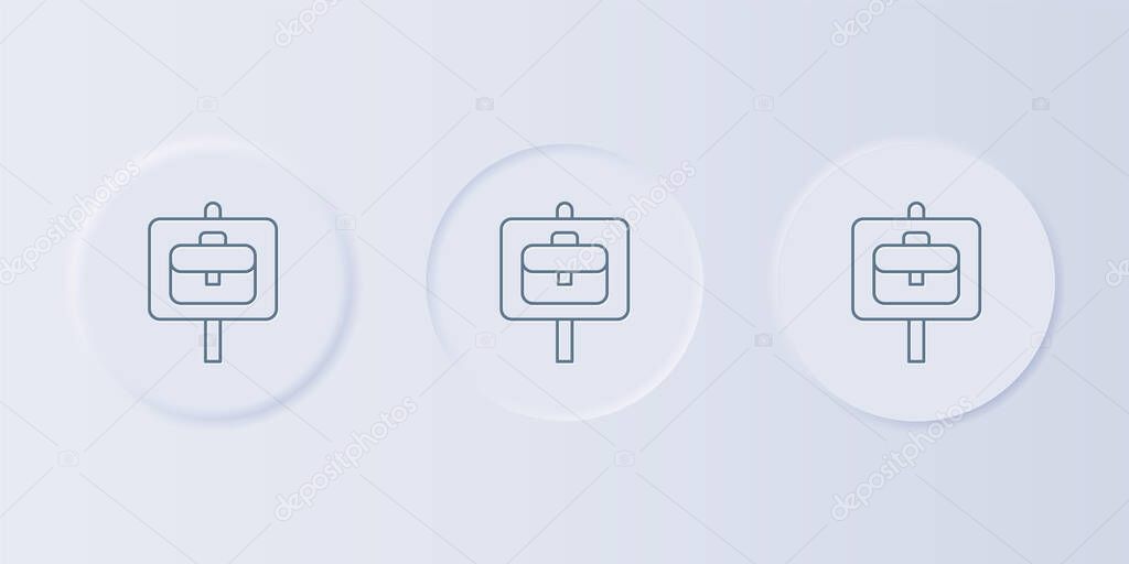 Grey Magnifying glass with briefcase icon isolated on grey background. Job hunting. Work search concept. Unemployment, head hunting, career. Set icons in square buttons. Vector.