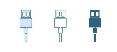 Beyaz arkaplanda mavi USB kablo ikonu izole edildi. PC ve mobil cihazlar için bağlantı ve soketler. Vektör.