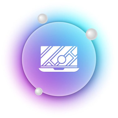 Şehir haritası yön bulma simgesinin beyaz arkaplanda izole edilmiş beyaz bilgileri. Laptop Uygulama Arayüzü tasarımı. Yer belirleme konsepti. Mavi ve mor eğimli çember arkaplan. Vektör.