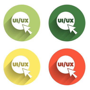 UI ya da UX tasarım simgesini uzun gölge arkaplanı ile izole et. Renkli daire düğmesi. Vektör.
