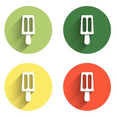 Dondurmayı uzun gölge arkaplan izole edilmiş çubuk simgesine yerleştir. Güzel sembol. Renkli daire düğmesi. Vektör.