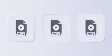 Gri MOV dosya dökümanı. Gri arkaplanda mov simgesi indir. MOV dosya sembolü. Ses ve video koleksiyonu. Kare düğmelere simgeleri yerleştir. Vektör.