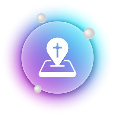 Beyaz Harita, beyaz arka planda izole edilmiş kilise binası simgesi. Hıristiyan Kilisesi. Kilisenin dini. Mavi ve mor eğimli çember arkaplan. Vektör.