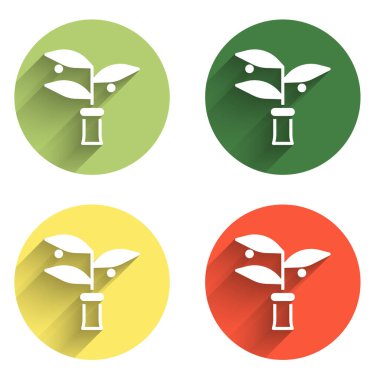 Bitki yetiştirme simgesini uzun gölgeli izole et. Test tüplerinde büyüyen bitkiler. Organik gıda, tarım ve hidrofonik. Renkli daire düğmesi. Vektör.