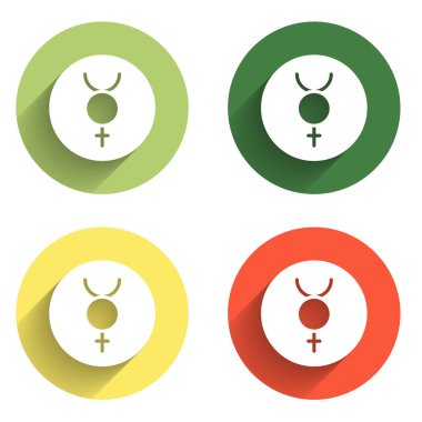 Uzun gölge arkaplan ile izole edilmiş Merkür ikonunun Kadim astrolojik sembolünü ayarla. Astroloji gezegeni. Zodiac ve astroloji işareti. Renkli daire düğmesi. Vektör.