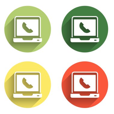 Telefon 24 saat destek simgesini uzun gölge arkaplanlı olarak ayarla. Tüm gün müşteri destek merkezi. Tam zamanlı çağrı servisi. Renkli daire düğmesi. Vektör.