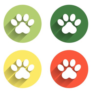 Paw yazdırma simgesini uzun gölge arkaplanı ile izole et. Köpek ya da kedi pençesi izi. Hayvan izleri. Renkli daire düğmesi. Vektör.