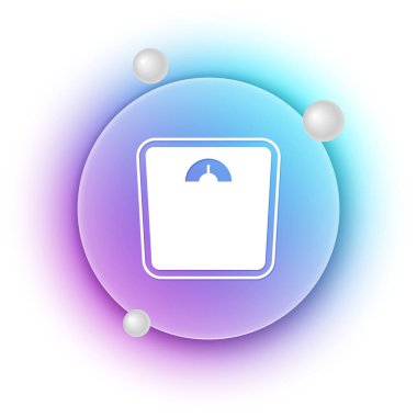 Beyaz banyo ölçekli ikon beyaz arka planda izole edilmiş. Ağırlık ölçme ekipmanı. Ağırlık ölçeği spor konsepti. Mavi ve mor eğimli çember arkaplan. Vektör.