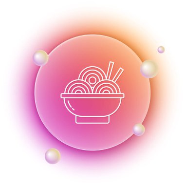 Beyaz arkaplanda beyaz Asya eriştesi ve yemek çubuğu ikonu var. Sokak yemeği. Kore, Japon, Çin yemekleri. Turuncu ve pembe eğimli çember arka planı. Vektör.