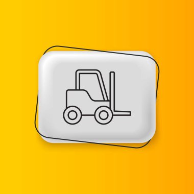Sarı arka planda siyah forklift ikonu izole edildi. Çatal doldurucu ve karton kutu. Kargo teslimatı, nakliye, ulaşım. Gümüş dikdörtgen düğme. Vektör.