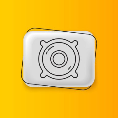 Siyah Stereo hoparlör ikonu sarı arkaplanda izole edildi. Ses sistemi hoparlörleri. Müzik ikonu. Müzikal sütun hoparlörü. Gümüş dikdörtgen düğme. Vektör.