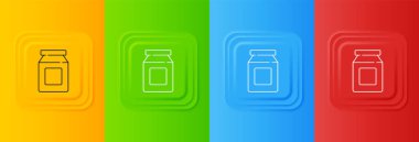 Beyaz Çevrimiçi sipariş ve fast food dağıtım ikonu renkli arka planda izole edildi. Kare düğmelere simgeleri yerleştir. Vektör.