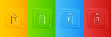 Çamaşır deterjanı, çamaşır suyu, bulaşık deterjanı ya da renkli arka planda izole edilmiş başka bir temizlik malzemesi için beyaz plastik şişe. Kare düğmelere simgeleri yerleştir. Vektör.