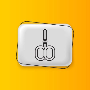 Siyah Tırnak makası tırnak eti kesimi sarı arka planda izole edilmiş güzellik salonu ikonu. Manikür için kozmetik makas. Gümüş dikdörtgen düğme. Vektör.