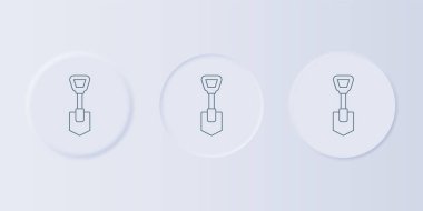 Gri arkaplanda gri kürek simgesi izole edildi. Bahçe aletleri. Bahçecilik, tarım, çiftçilik aleti. Kare düğmelere simgeleri yerleştir. Vektör.