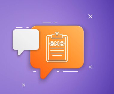 Mor arkaplanda beyaz GDO simgesi izole edildi. Genetik olarak değiştirilmiş organizma kısaltması. DNA gıda modifikasyonu. Turuncu konuşma balonu sembolü. Vektör.