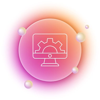 Beyaz Yazılım, Web Geliştirme, programlama konsepti simgesi beyaz arka planda izole edildi. Programlama dili ve program kodu ekranda. Turuncu ve pembe eğimli çember arka planı. Vektör.