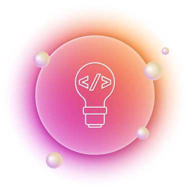 Beyaz Web tasarımı ve ön uç geliştirme simgesi beyaz arkaplanda izole edildi. Turuncu ve pembe eğimli çember arka planı. Vektör.