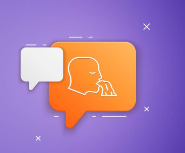 Mor arkaplanda beyaz kusan adam simgesi var. Hastalığın belirtileri, sağlıkla ilgili sorunlar. Mide bulantısı, gıda zehirlenmesi, alkol zehirlenmesi. Turuncu konuşma balonu sembolü. Vektör.