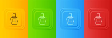 Renkli arka planda beyaz parfüm ikonu izole edildi. Kare düğmelere simgeleri yerleştir. Vektör.