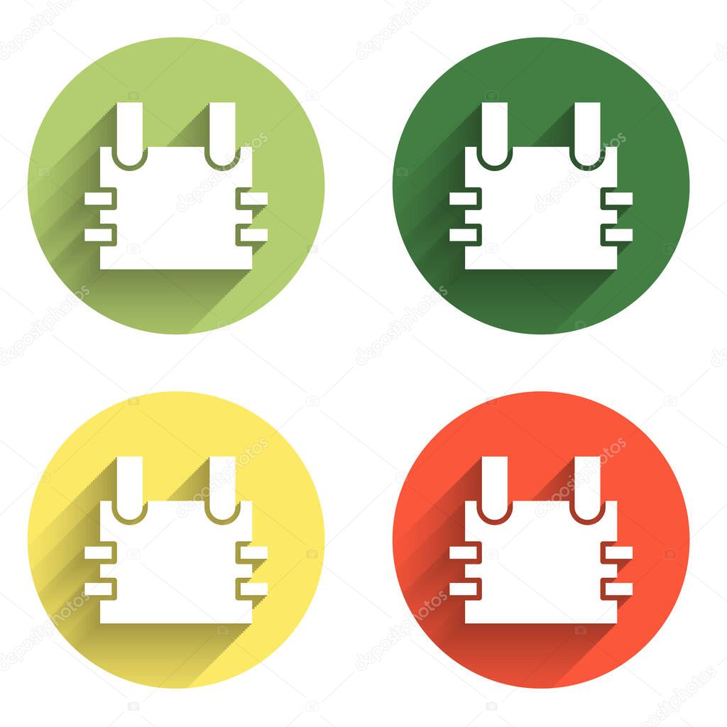 Set Bulletproof vest for protection from bullets icon isolated with long shadow background. Body armor sign. Military clothing. Color circle button. Vector.