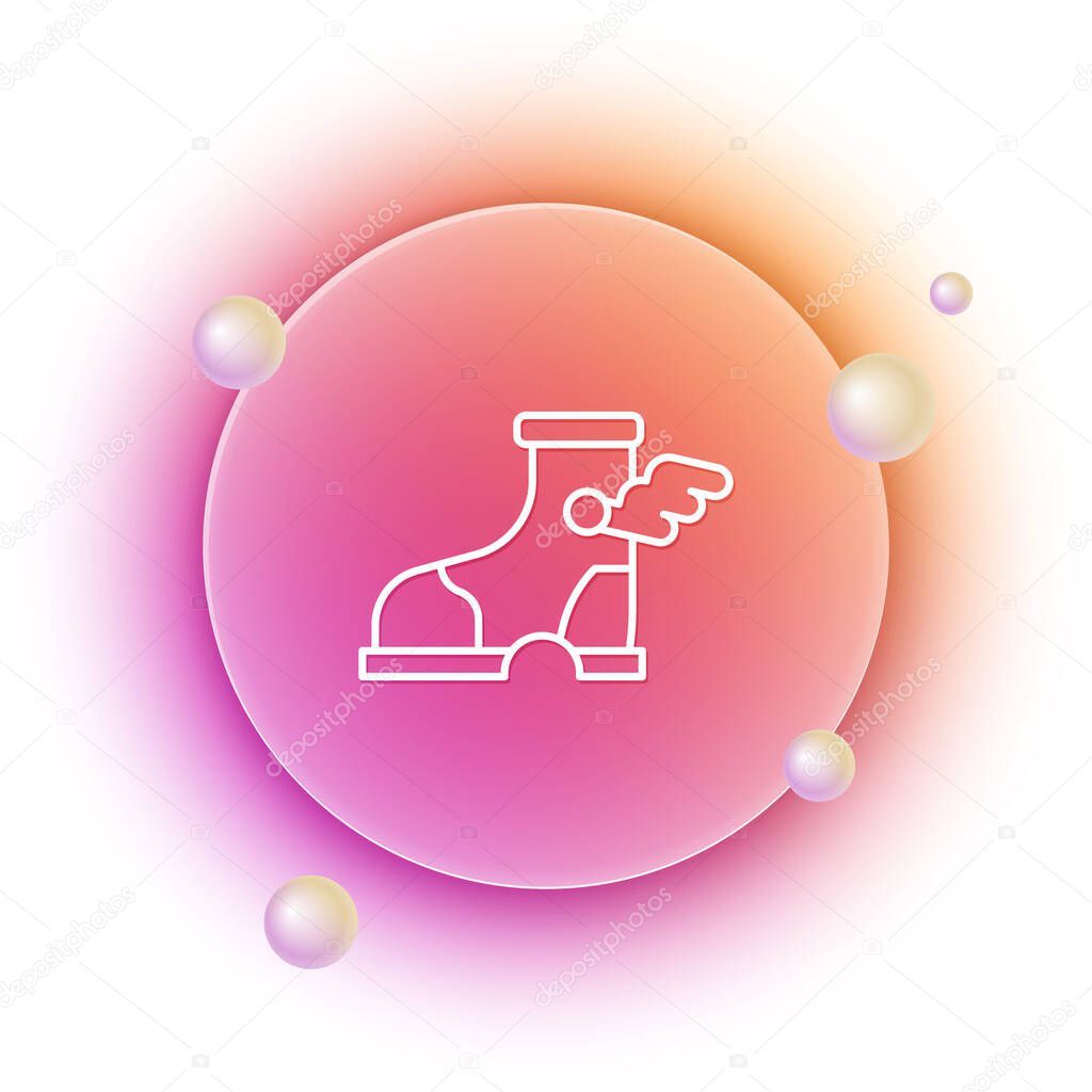 White Hermes sandal icon isolated on white background. Ancient greek god Hermes. Running shoe with wings. Orange and pink gradient circle background. Vector.