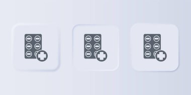 Gri arka planda gri renkli gri haplar var. İlaç paketi. Tablet, vitamin, antibiyotik, aspirin. Kare düğmelere simgeleri yerleştir. Vektör.