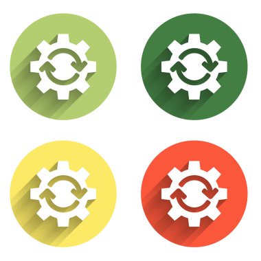 Vites ve okları iş akışı konsepti simgesi olarak uzun gölge arkaplanı ile izole et. Vites doldurma tabelası. Renkli daire düğmesi. Vektör.