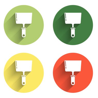 Oyun bıçağı simgesini uzun gölge arkaplanı ile izole et. Spatula tamir aleti. Yağma ya da boya aletleri. Renkli daire düğmesi. Vektör.