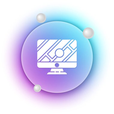 Beyaz Bilgisayar monitörü ve katlanmış harita beyaz arkaplanda izole edilmiş konum imleci simgesi. Mavi ve mor eğimli çember arkaplan. Vektör.